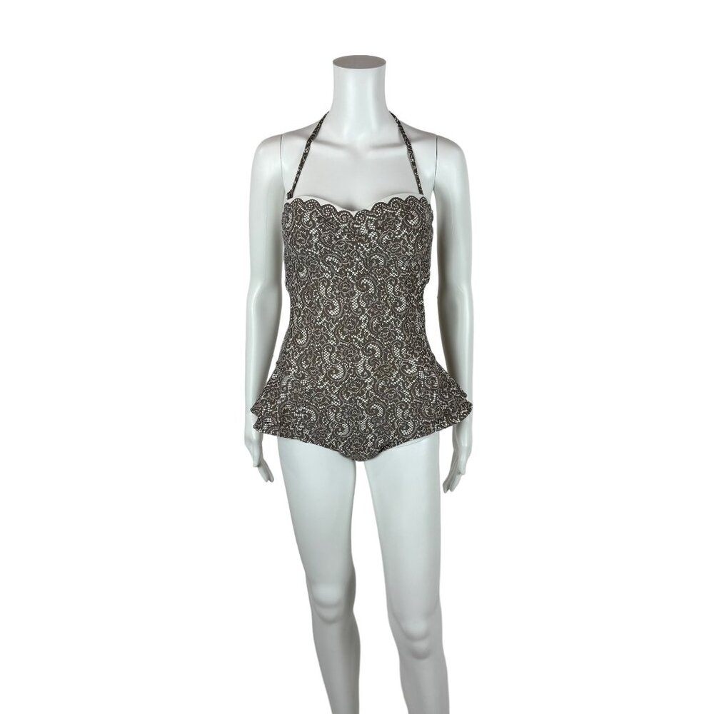 DKNY One Piece Swimsuit Women's Size 10 Brown White Lace Print Retro Pin Up - Picture 1 of 9